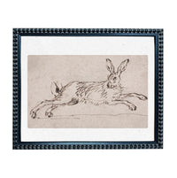 A framed drawing of a hare in mid-stride, depicted in a sketch-like style.