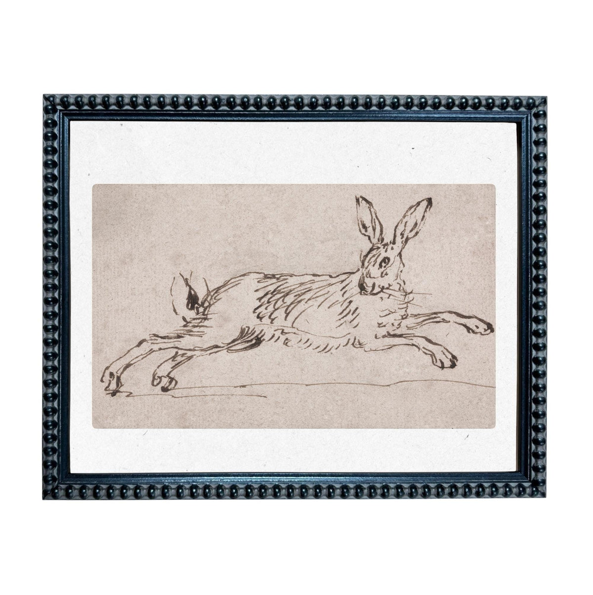 A framed drawing of a hare in mid-stride, depicted in a sketch-like style.