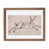 A framed drawing of a hare in mid-stride, depicted in a sketch-like style.