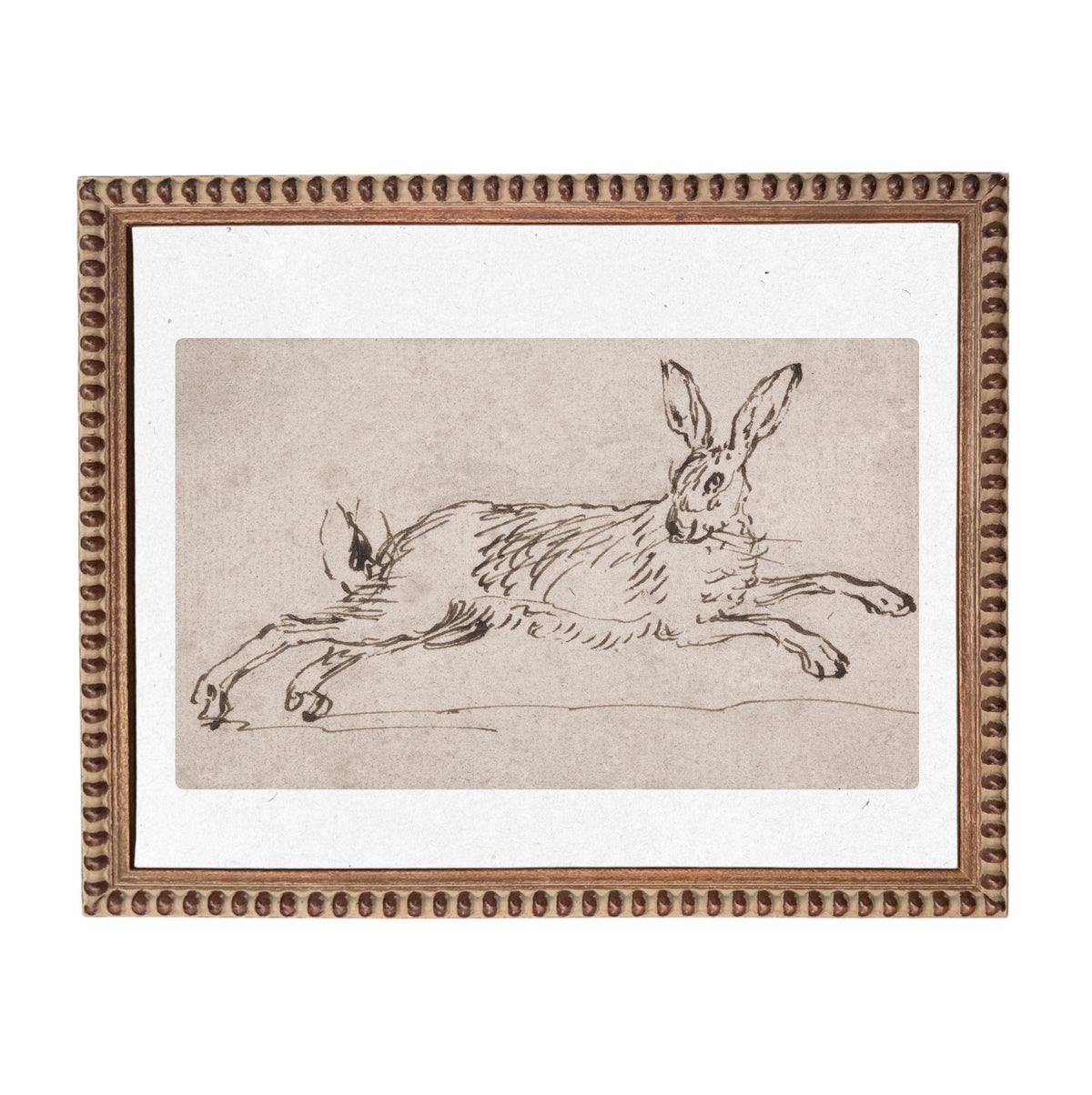 A framed drawing of a hare in mid-stride, depicted in a sketch-like style.