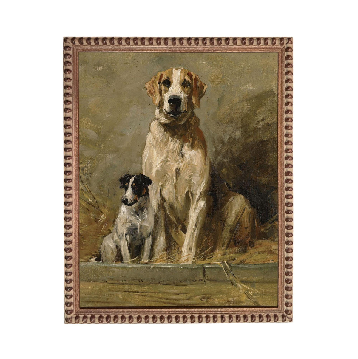 two dogs, one large and one small, sitting together in a natural setting.