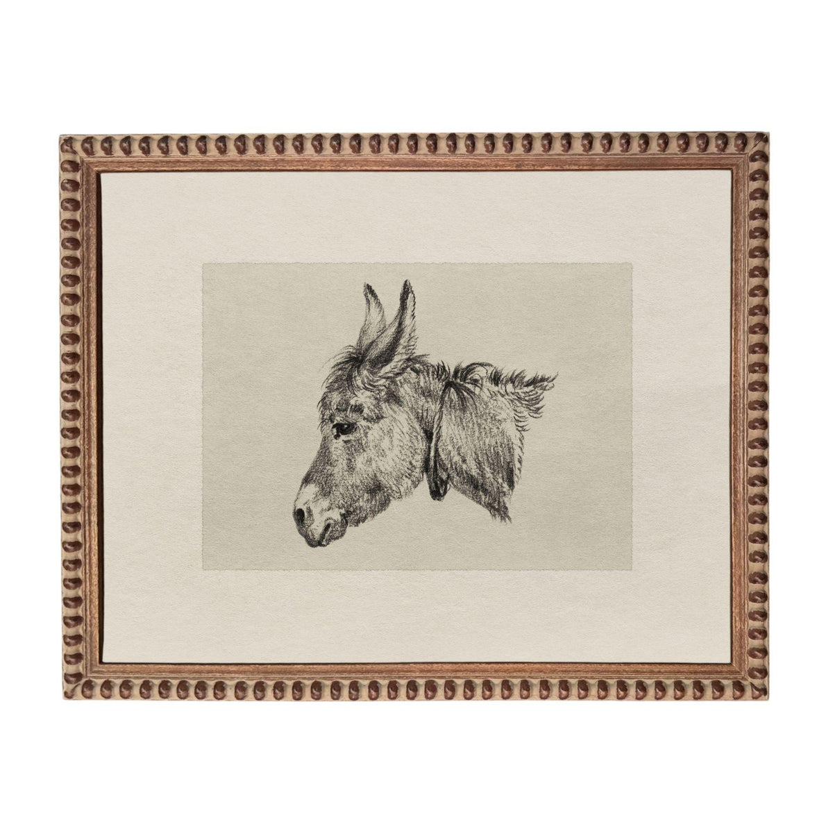 The image is a framed print depicting a donkey's head in profile.