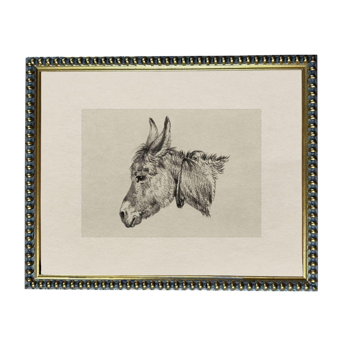 A framed black and white drawing of a donkey's head.