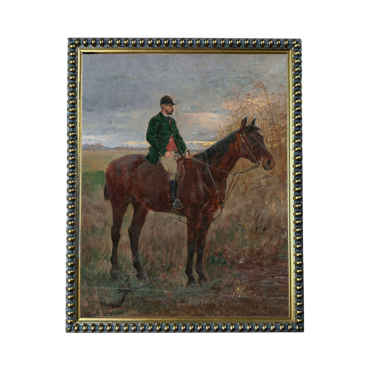 A painting of a man riding a horse in a field, with a cloudy sky in the background.