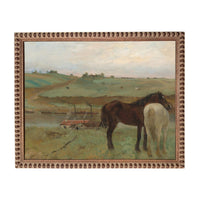 a serene rural landscape with a brown horse standing in the foreground and a white horse in the background, both grazing on the lush green grass.