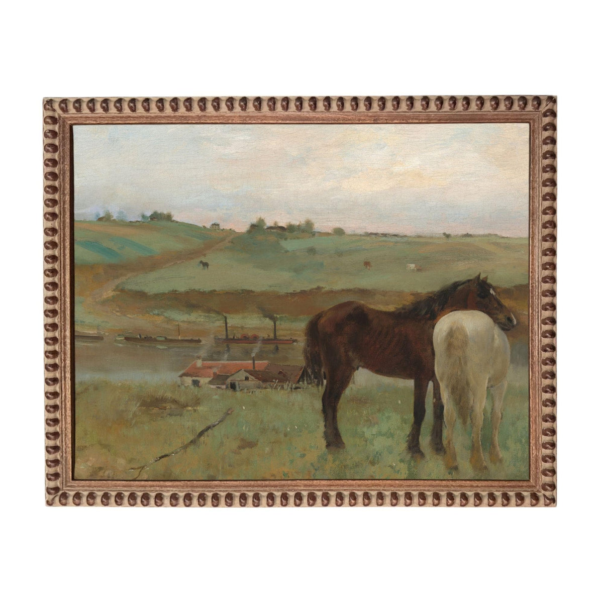 a serene rural landscape with a brown horse standing in the foreground and a white horse in the background, both grazing on the lush green grass.