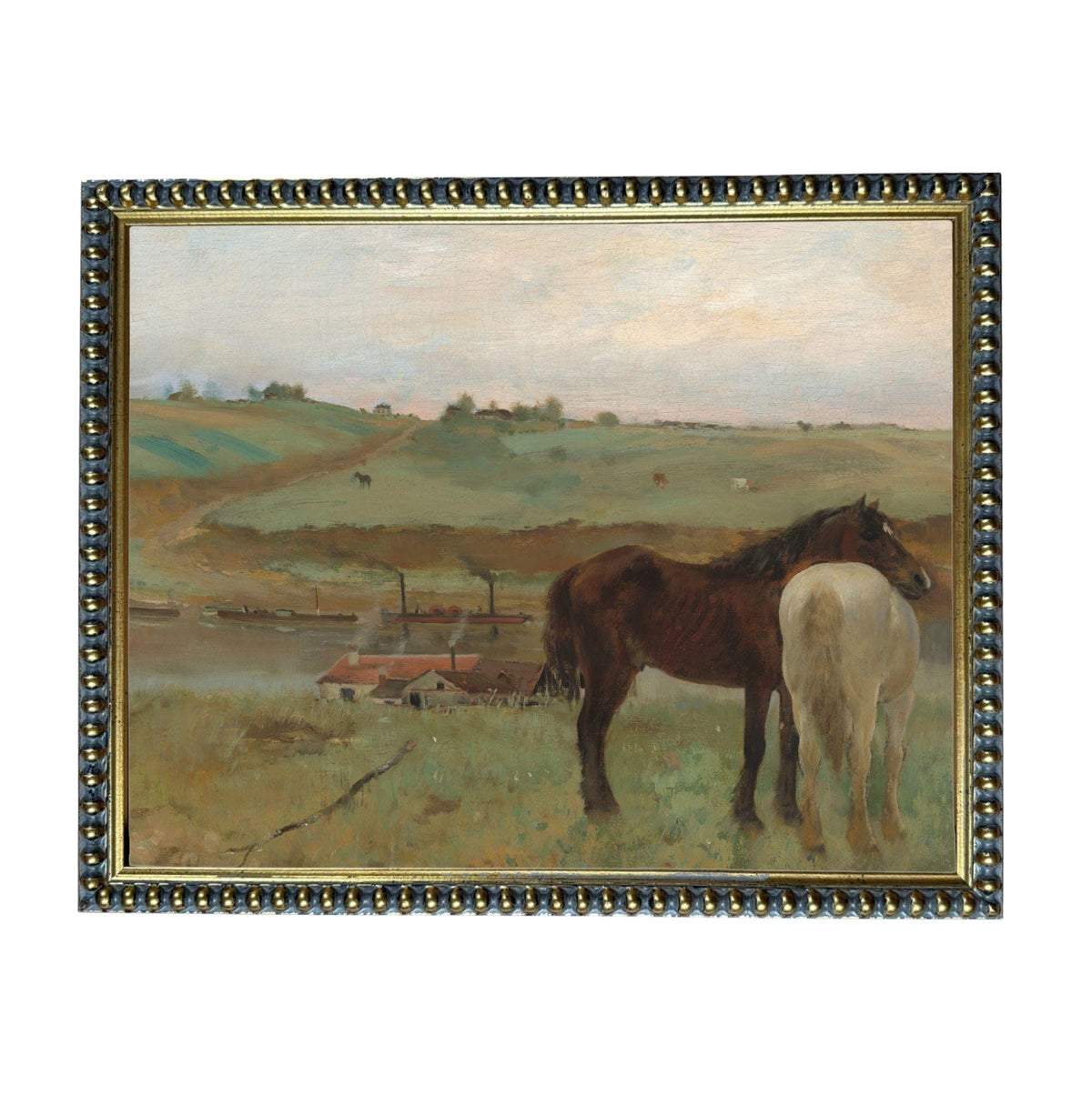 The image is a painting depicting a rural landscape with a brown horse and a white horse standing in a grassy field.