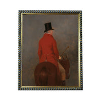 A man wearing a red coat and top hat is riding a brown horse.