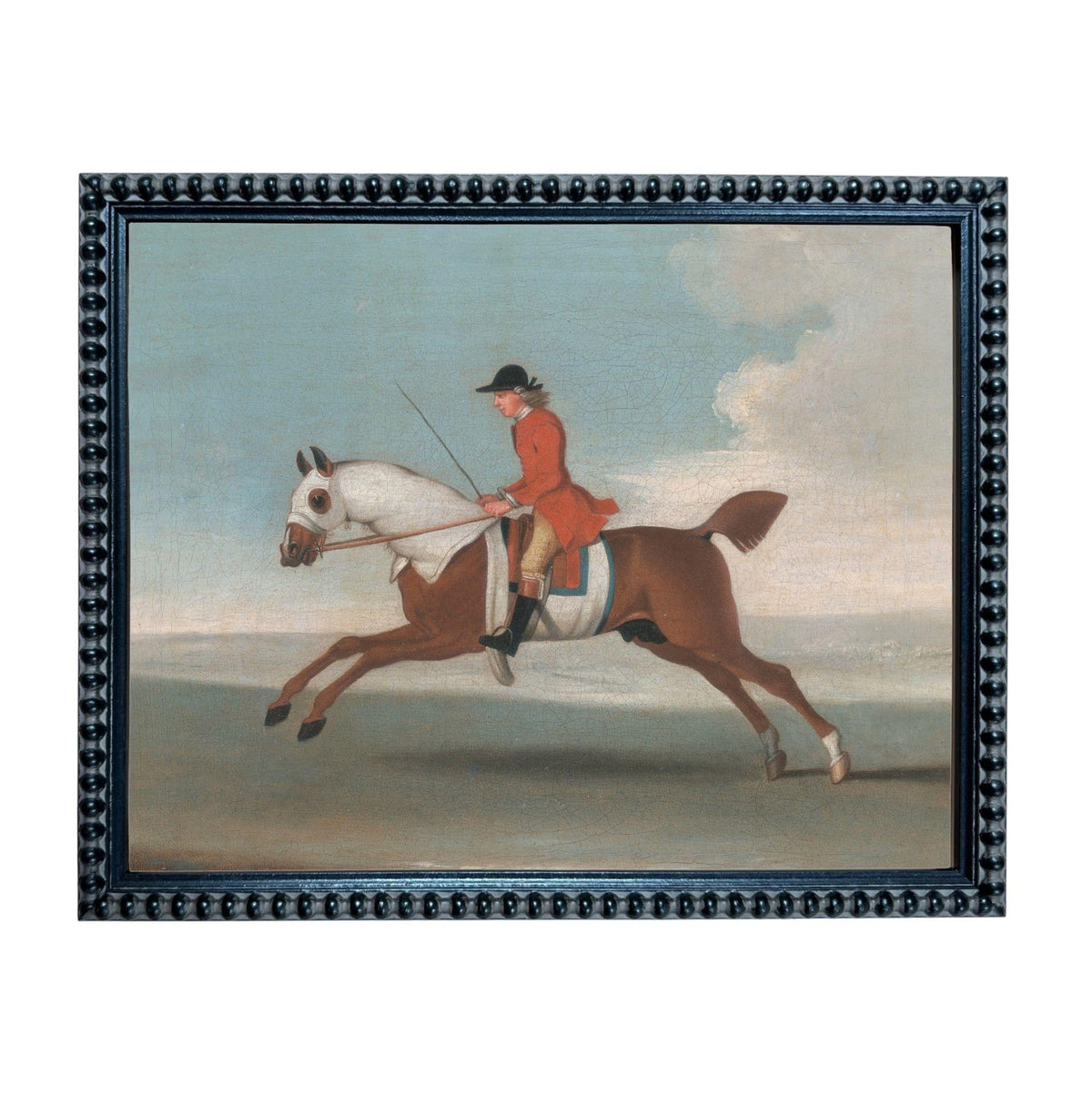 A painting of a man riding a horse, with the horse galloping across a field under a cloudy sky.