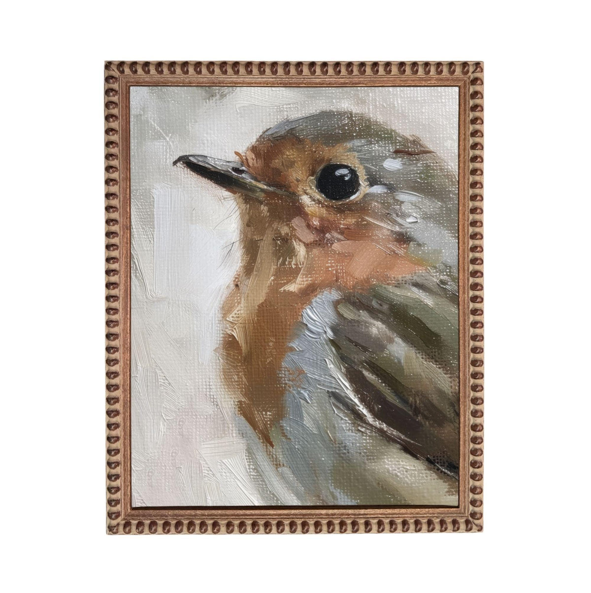 The image is a painting of a bird, likely a robin, with a detailed and realistic depiction of its features, including its beak, feathers, and overall appearance.