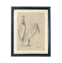 The image is a framed drawing of two birds, likely a sketch of a stork and a heron, in a black and white style.