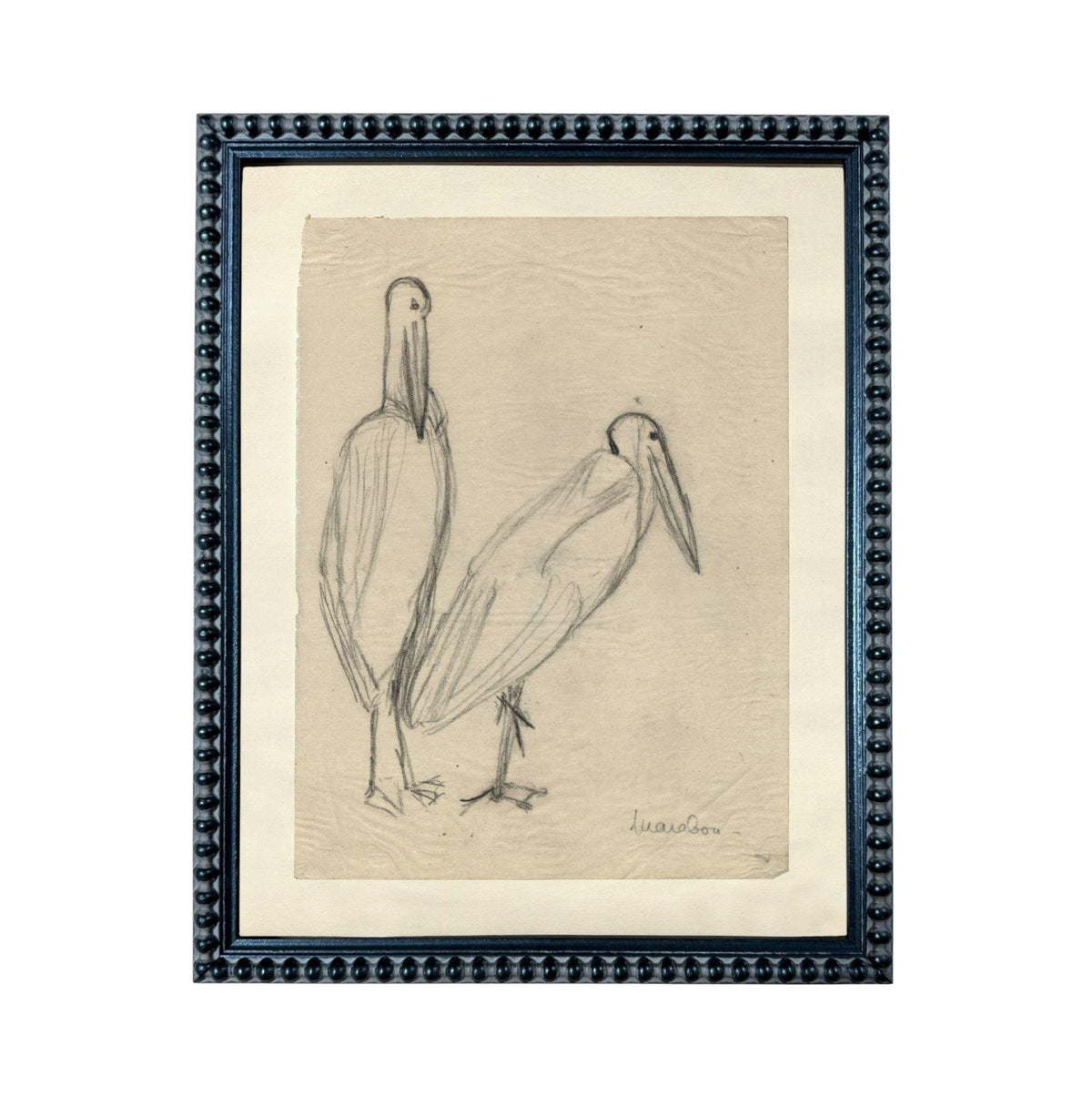 The image is a framed drawing of two birds, likely a sketch of a stork and a heron, in a black and white style.