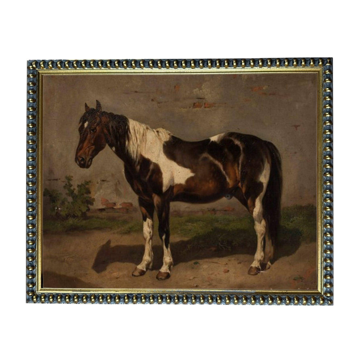 A painting of a brown and white horse standing in a field, with a brick wall in the background.