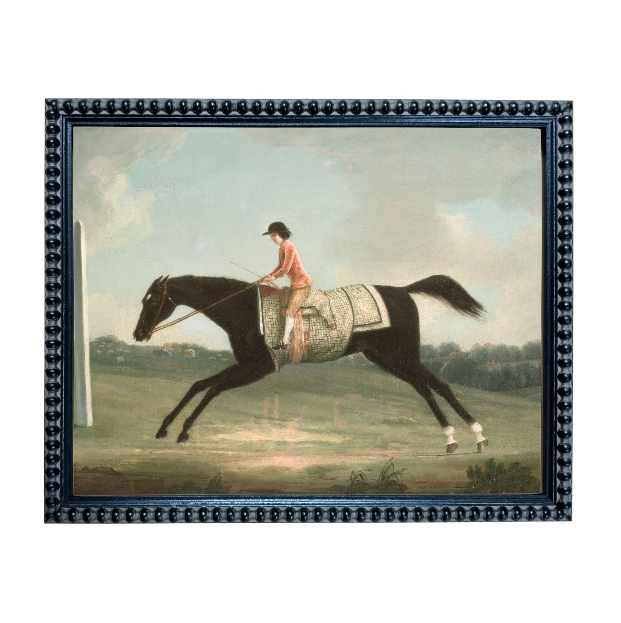 A painting of a person riding a horse in a field, with a cloudy sky in the background.