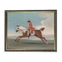 A painting of a man riding a horse, with the horse galloping across a field under a cloudy sky.