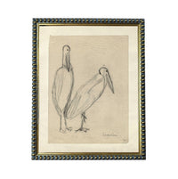 The image is a framed drawing of two birds, likely a sketch of a stork or similar bird species.
