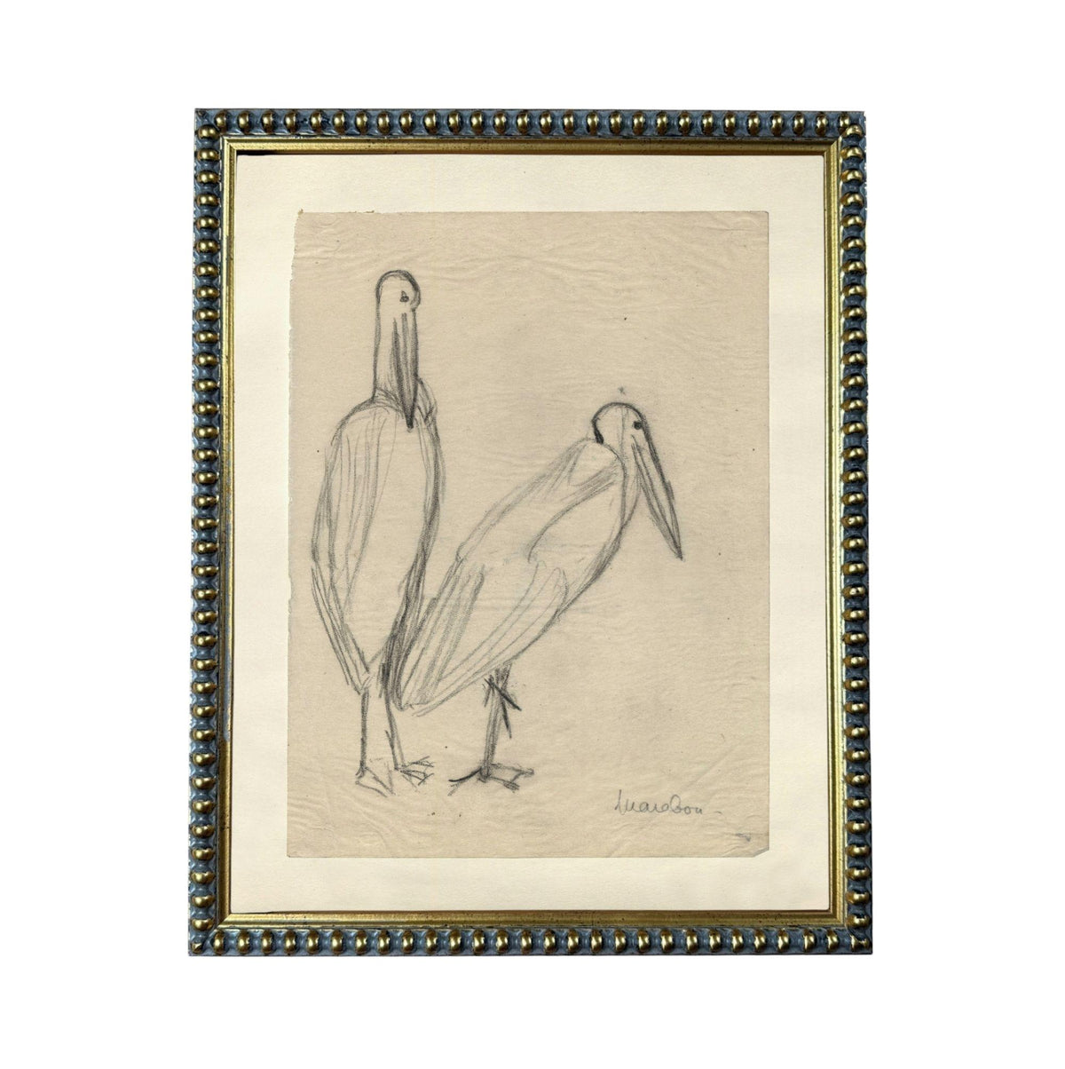 The image is a framed drawing of two birds, likely a sketch of a stork or similar bird species.