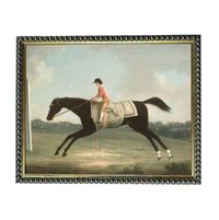 A woman in a red coat rides a black horse across a grassy field.