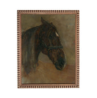 The image is a painting of a horse's head, with a brown and black color palette.