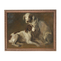 The image is a painting of two dogs, one white and one brown, sitting together in a frame.