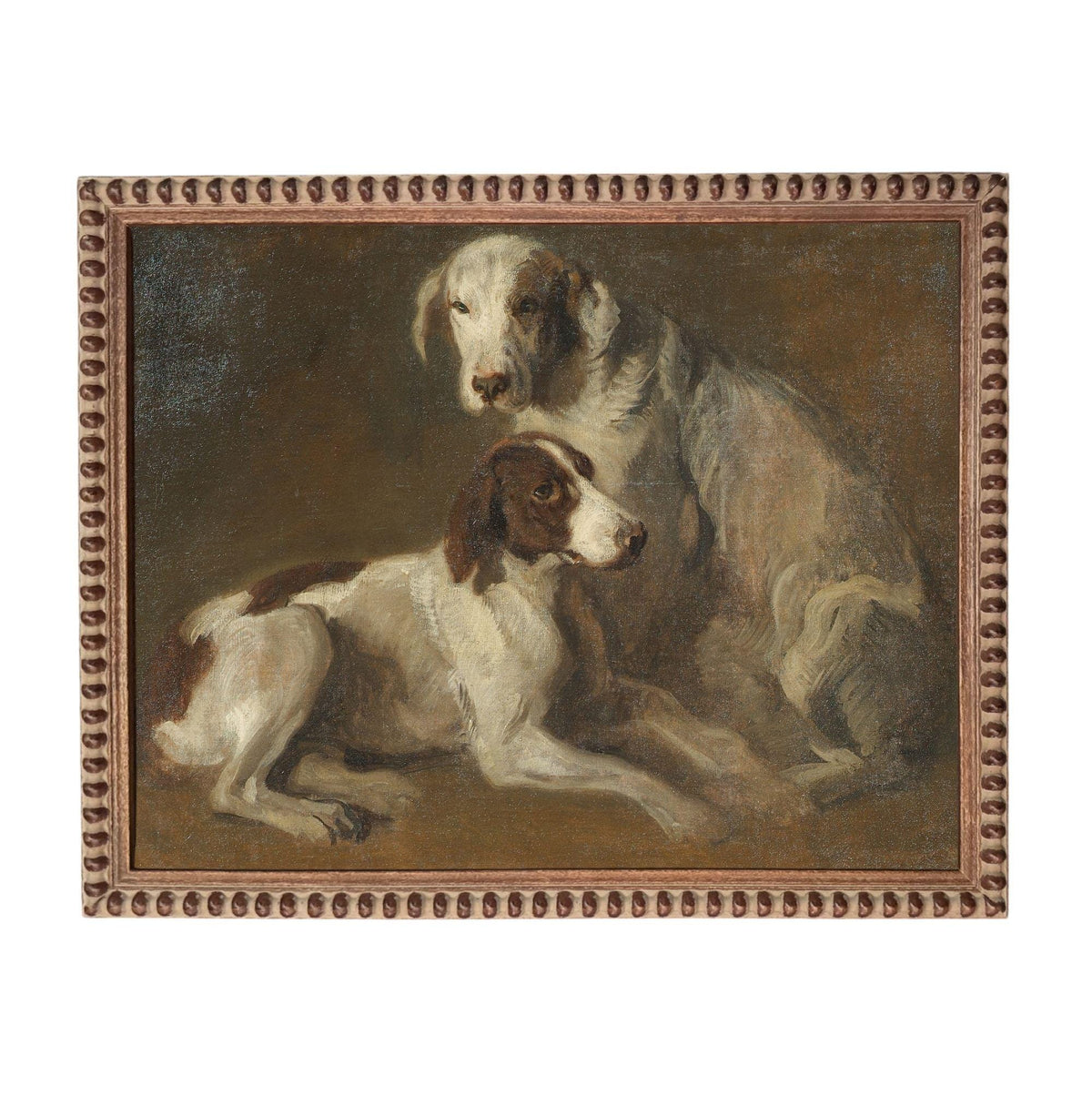 The image is a painting of two dogs, one white and one brown, sitting together in a frame.