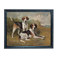 Two hound dogs, possibly beagles, are depicted in a painting. The dogs are standing and sitting in a grassy field with trees in the background.