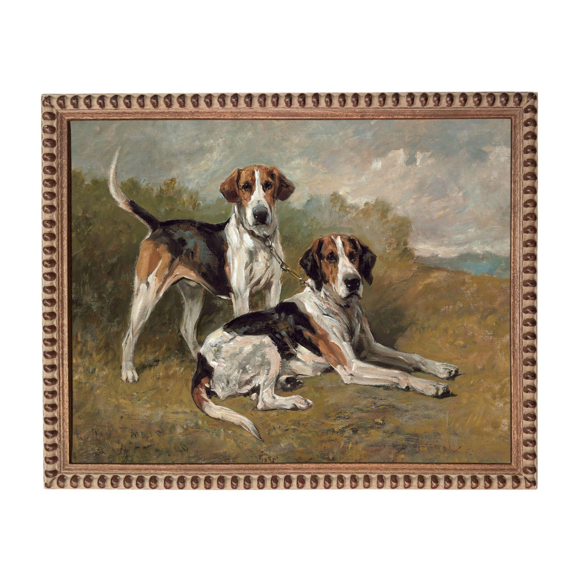 Two hound dogs, possibly beagles, are depicted in a painting. The dogs are standing and sitting in a grassy field with trees in the background.