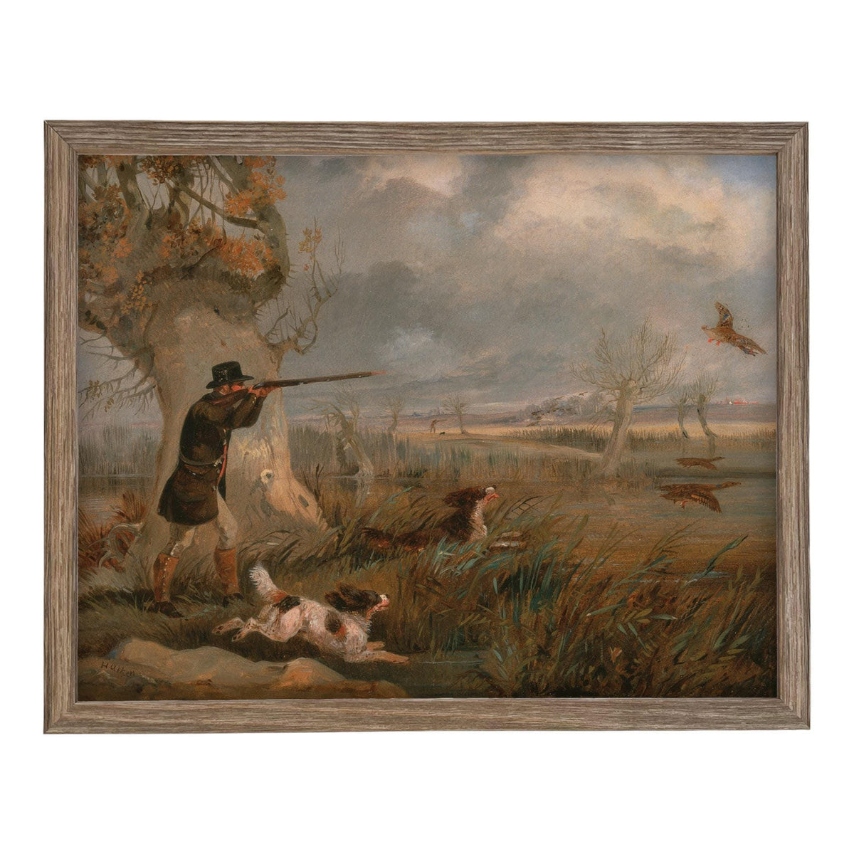 READY to SHIP 11X14 Vintage Landscape Print: Framed Canvas Antique Hunting Scene Art #A-198