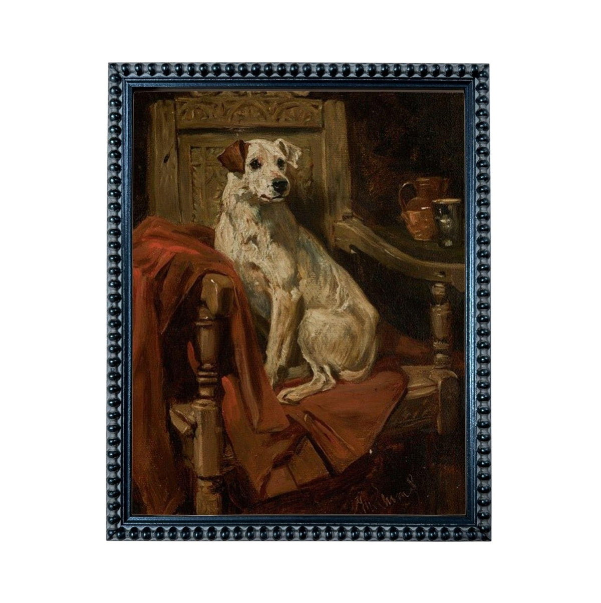 A white dog sitting on a red blanket in a wooden chair, with a wooden table and other objects in the background.