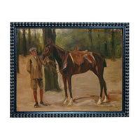 A painting of a man standing next to a horse in a forest setting.