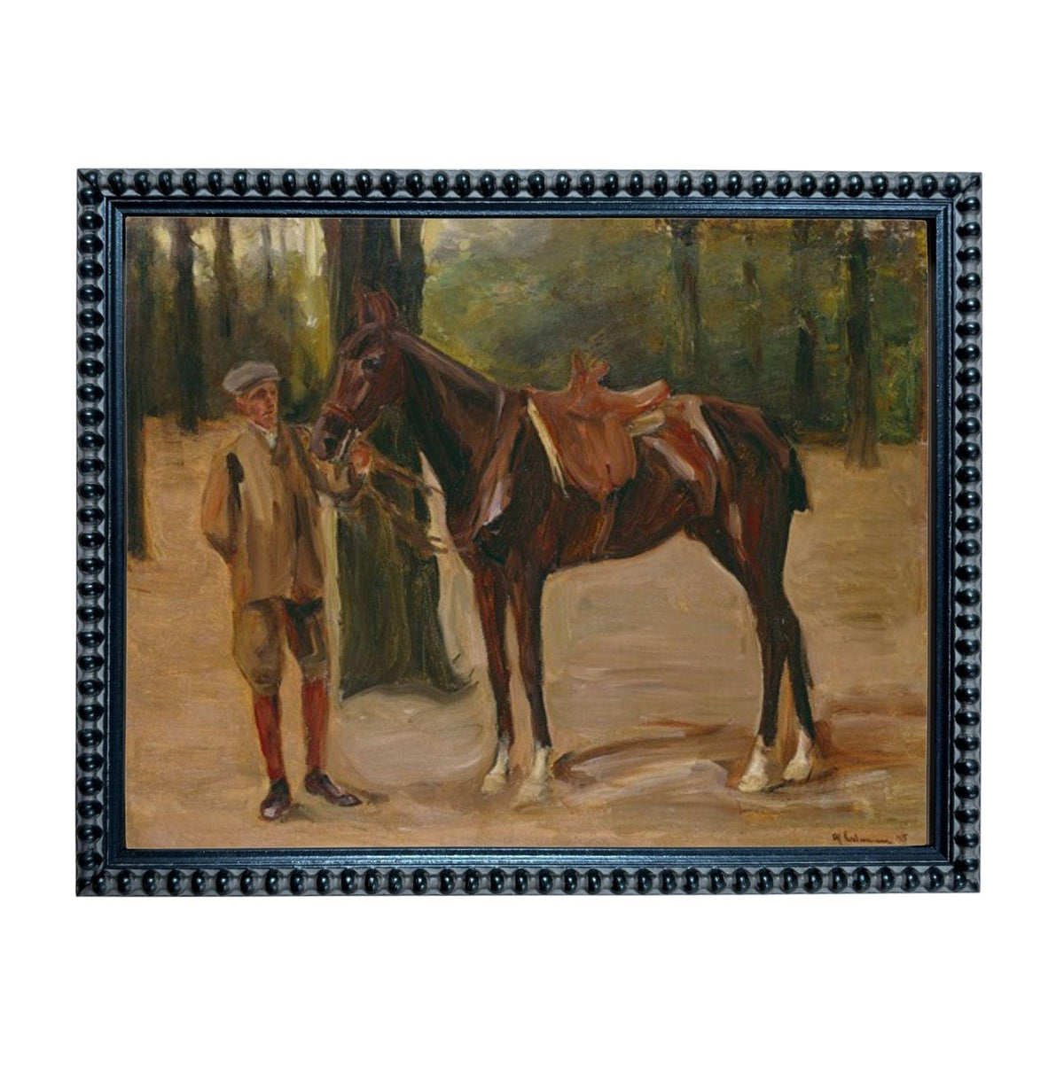 A painting of a man standing next to a horse in a forest setting.