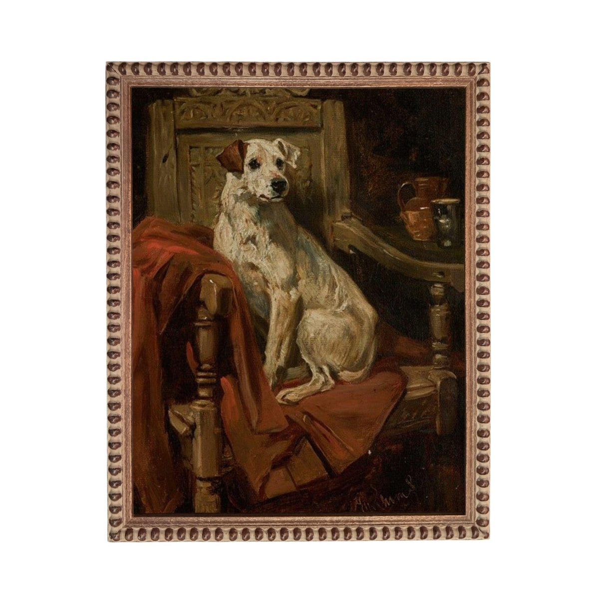 A white dog sitting on a chair in a room with a red blanket and a wooden table with a vase on it.