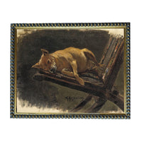 a dog resting on a wooden chair.