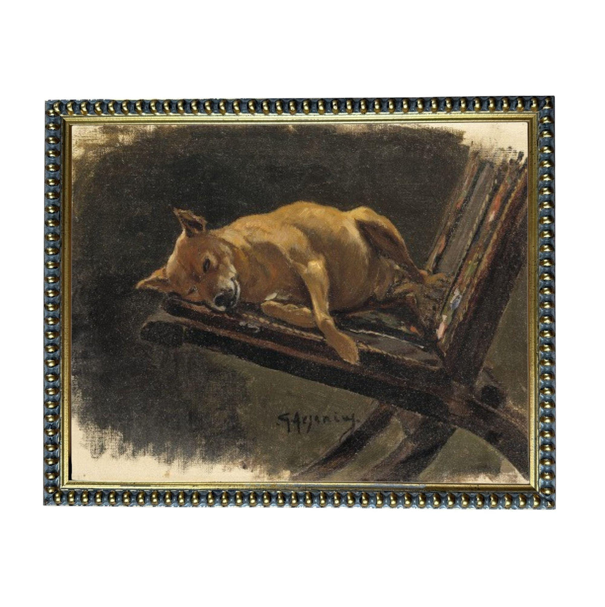 a dog resting on a wooden chair.