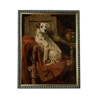 A white dog sitting on a red blanket in a wooden chair, with a wooden table and other objects in the background.