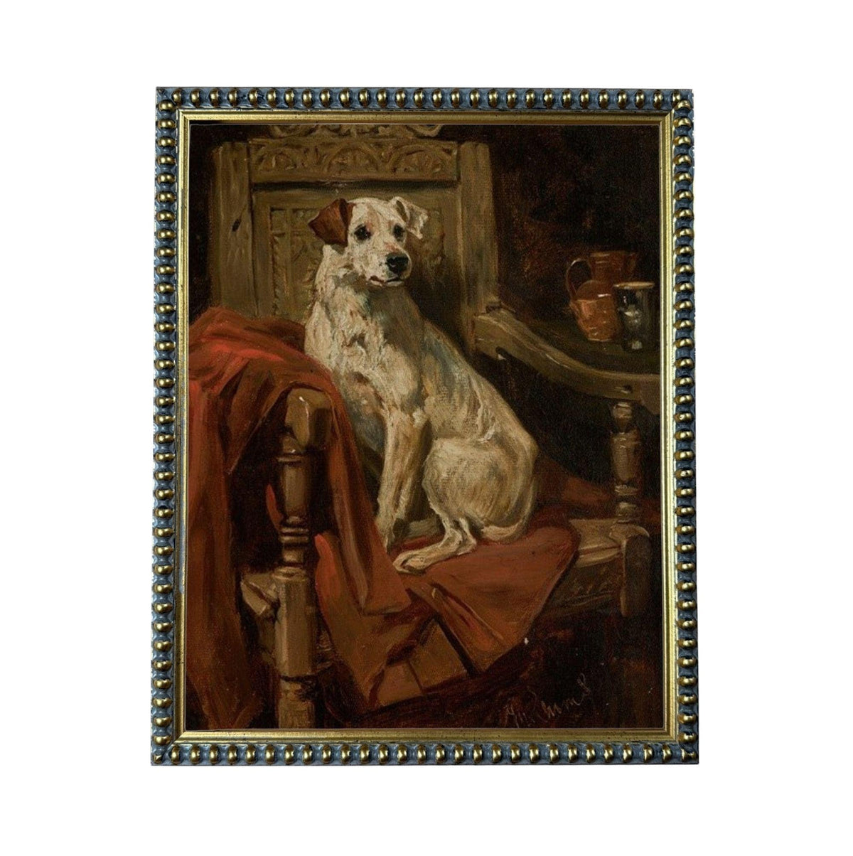 A white dog sitting on a red blanket in a wooden chair, with a wooden table and other objects in the background.