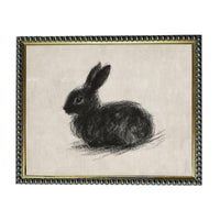 A black and white sketch of a rabbit sitting on a surface.