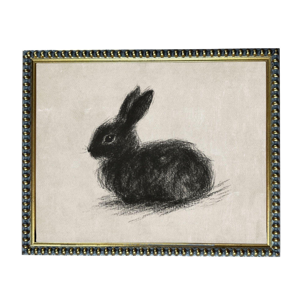 A black and white sketch of a rabbit sitting on a surface.