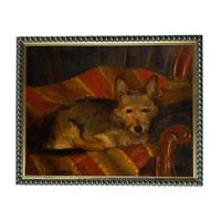A painting of a dog resting on a colorful blanket, with a dark background.
