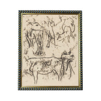 The image is a framed artwork featuring a sketch of various animals, including cows and horses, drawn in a simple, black and white style.