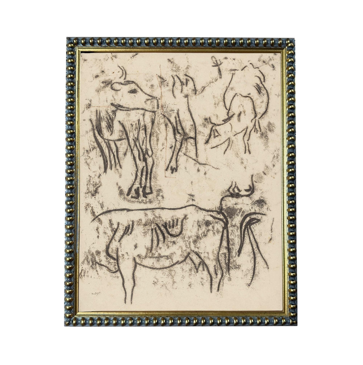 The image is a framed artwork featuring a sketch of various animals, including cows and horses, drawn in a simple, black and white style.