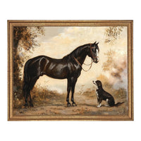 Vintage Framed Canvas Print: Horse and Dog Equestrian Art #A-202