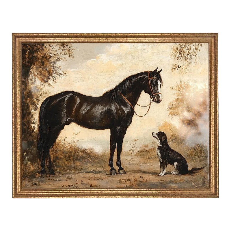 Vintage Framed Canvas Print: Horse and Dog Equestrian Art #A-202