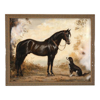 Vintage Framed Canvas Print: Horse and Dog Equestrian Art #A-202