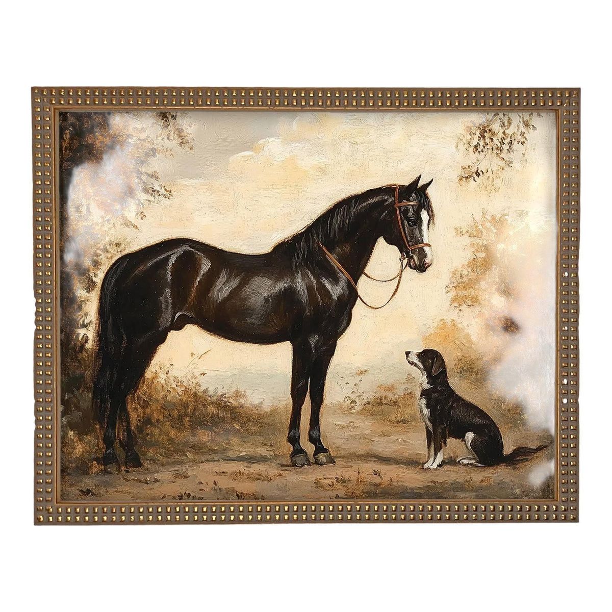 READY TO SHIP 24X36 Vintage Framed Canvas Print: Horse and Dog Equestrian Art #A-202
