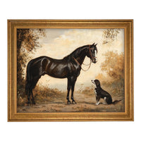 Vintage Framed Canvas Print: Horse and Dog Equestrian Art #A-202