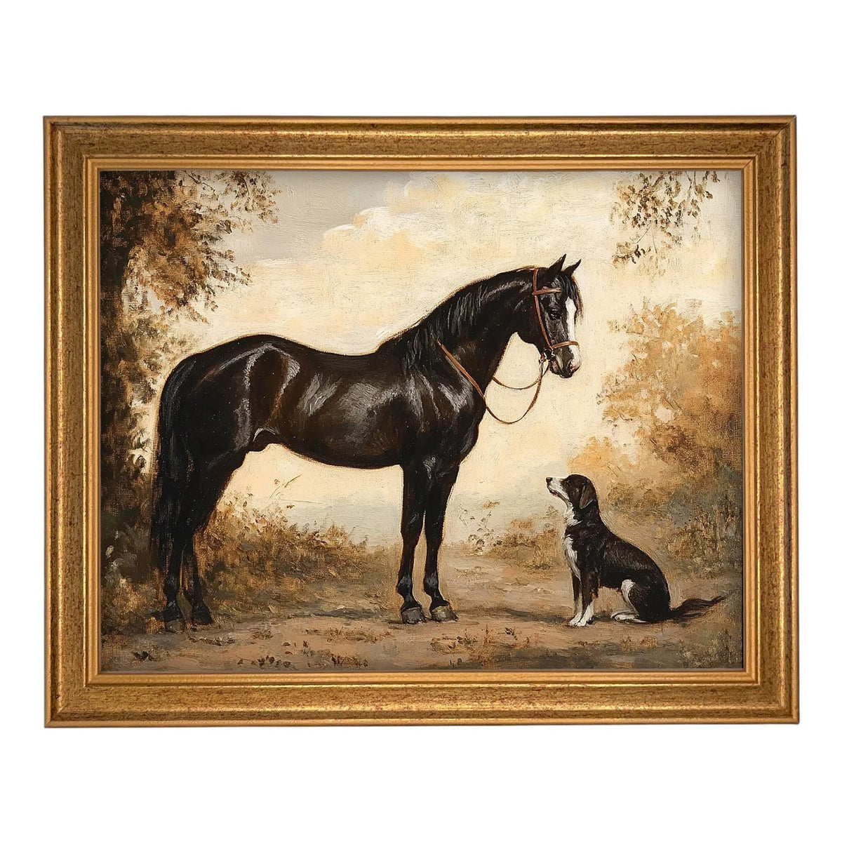Vintage Framed Canvas Print: Horse and Dog Equestrian Art #A-202