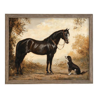 Vintage Framed Canvas Print: Horse and Dog Equestrian Art #A-202