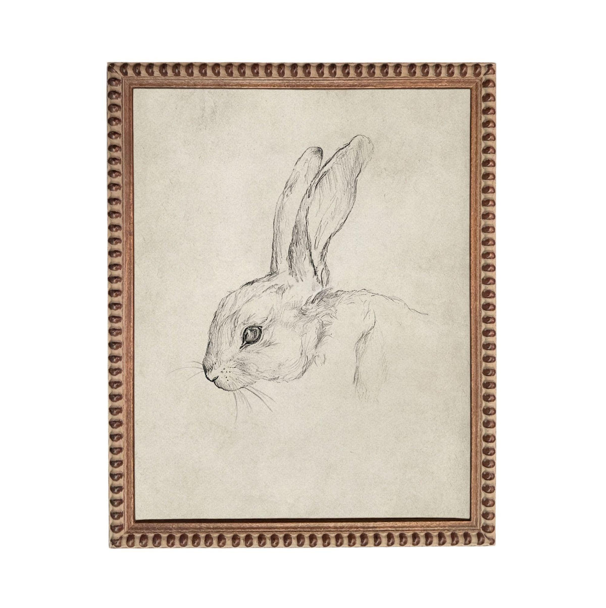 A framed drawing of a rabbit's head in black and white.