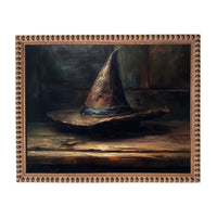 The image is a painting of a hat, possibly a witch's hat, sitting on a wooden surface.